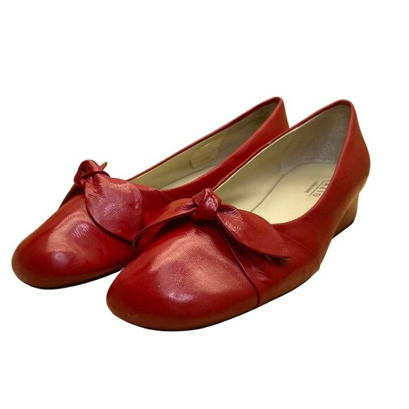 Lazio Collezione Women’s Red Leather Bow Slip-On Jade Wedge Pumps Size 7.5M - Picture 2 of 9
